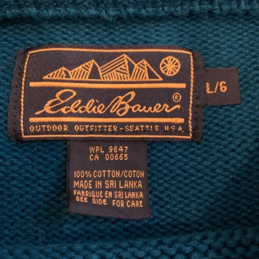 Vintage 90s Eddie Bauer Mens Large 100% Cotton Knit Dad Sweater Green